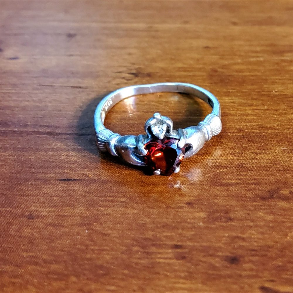 Silver Celtic Claddagh Garnet Ring - image 1